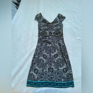 London Times Black & White Printed Midi Dress with Teal Trim. Worn once.